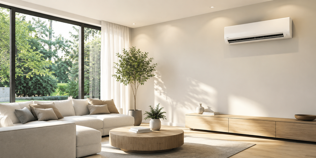 Bright modern living room with large windows, beige sofa, round coffee table, plant, and wall-mounted air conditioner