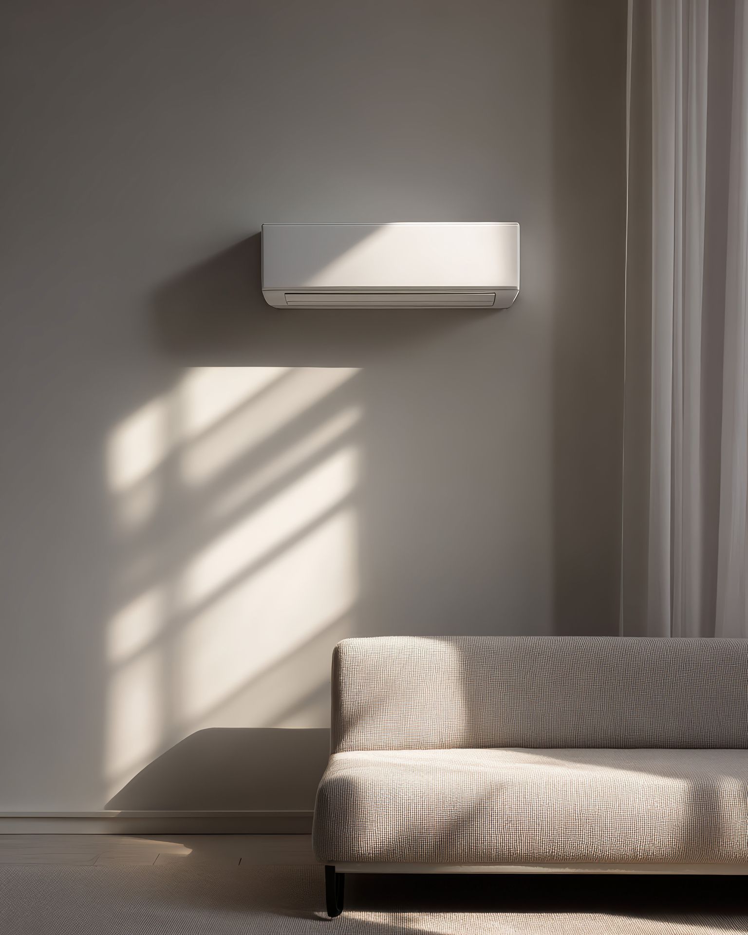 Minimalist room with wall-mounted air conditioner and sunlight casting shadows on a sofa and wall.