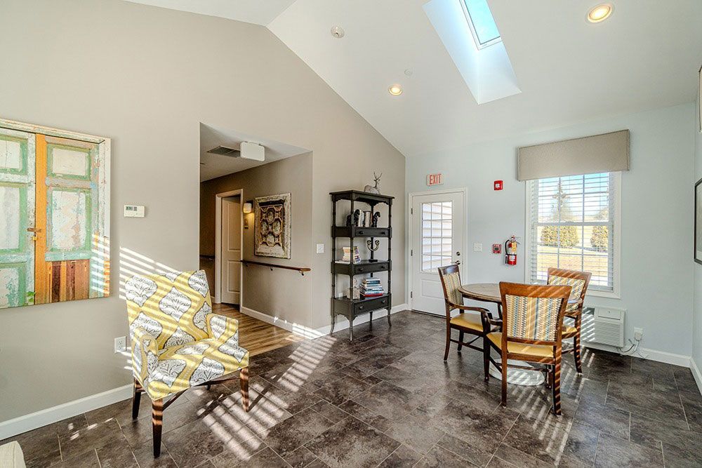 Bright living room with vaulted ceiling, skylights, patterned chair, and dining table by a window.