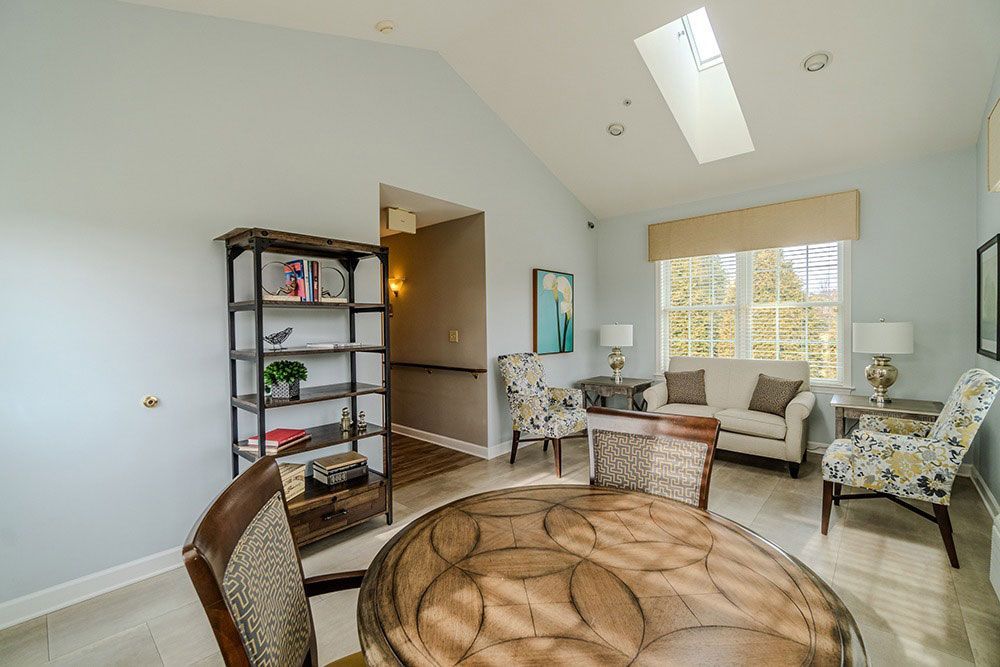 Bright living room with vaulted ceiling, sofa, chairs, round rug, shelving, and large window