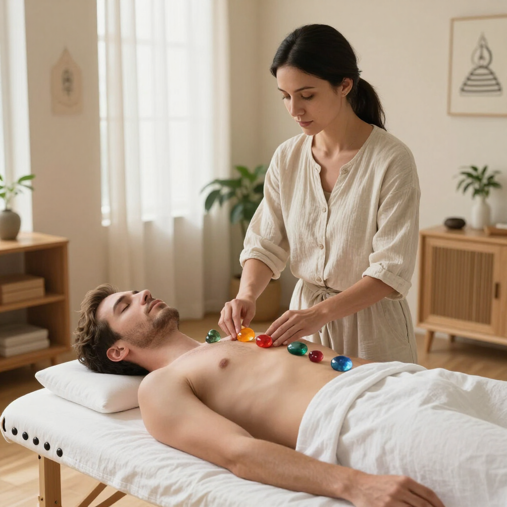 Therapist placing colorful stones on a man's back during a massage in a calm spa room