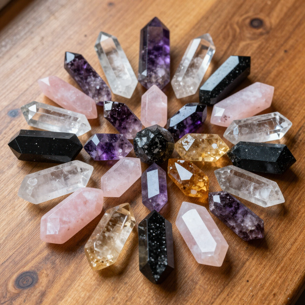 A circular arrangement of colorful crystal points on a wooden surface