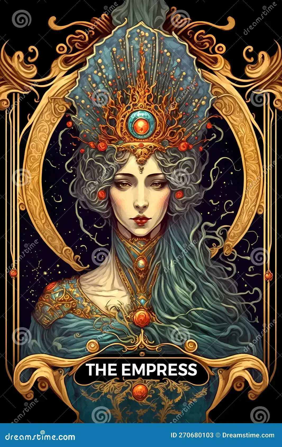 The Empress tarot card with an ornate crowned woman in teal and gold on a dark decorative background