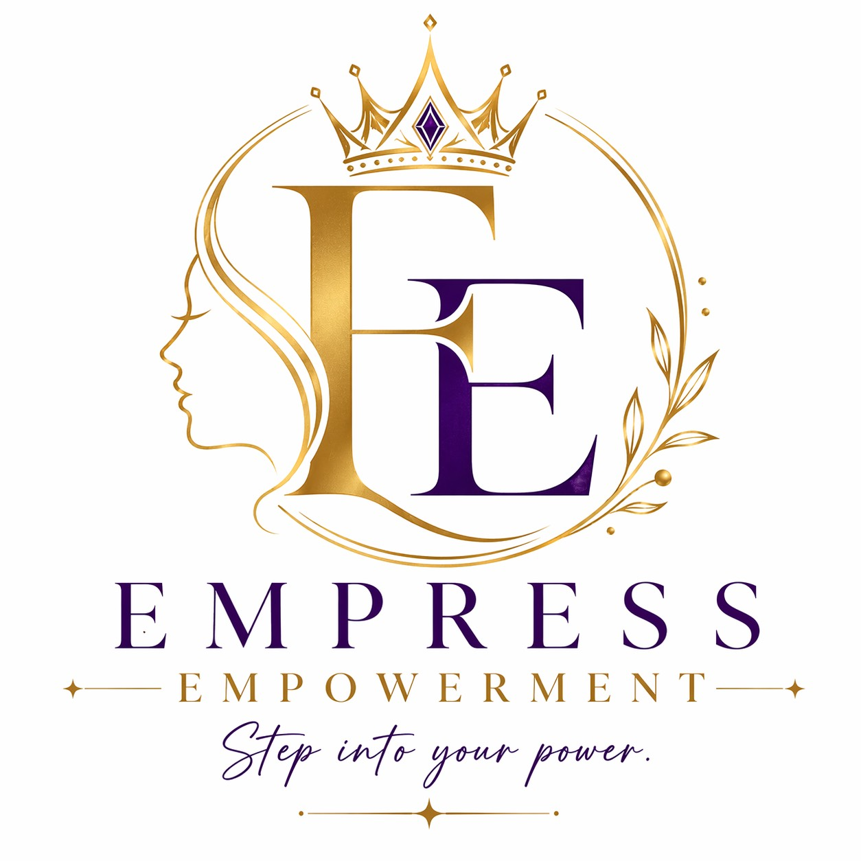Gold and purple Empress Empowerment logo with crowned E, female silhouette, and “Step into your power” tagline