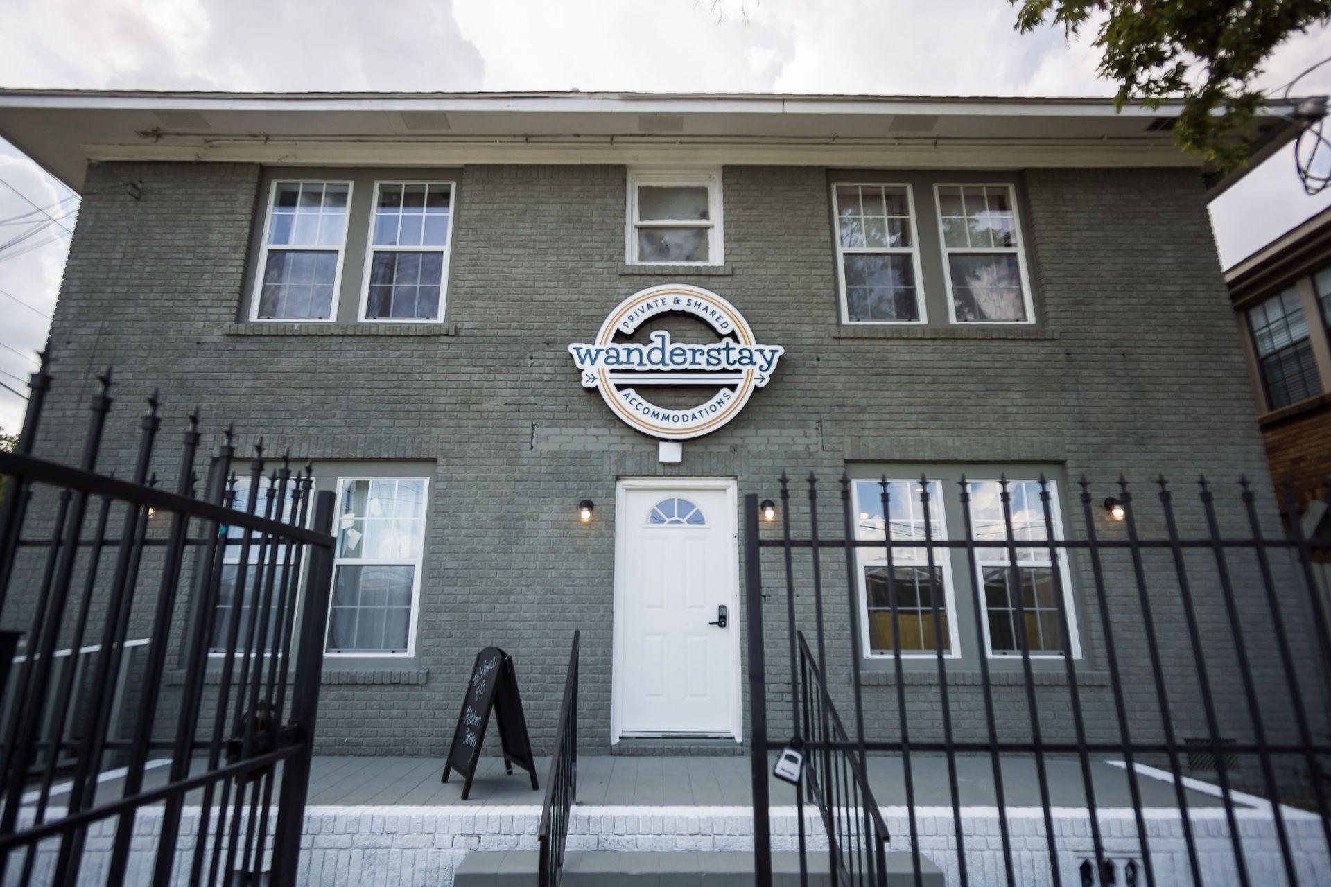 Gray brick building with