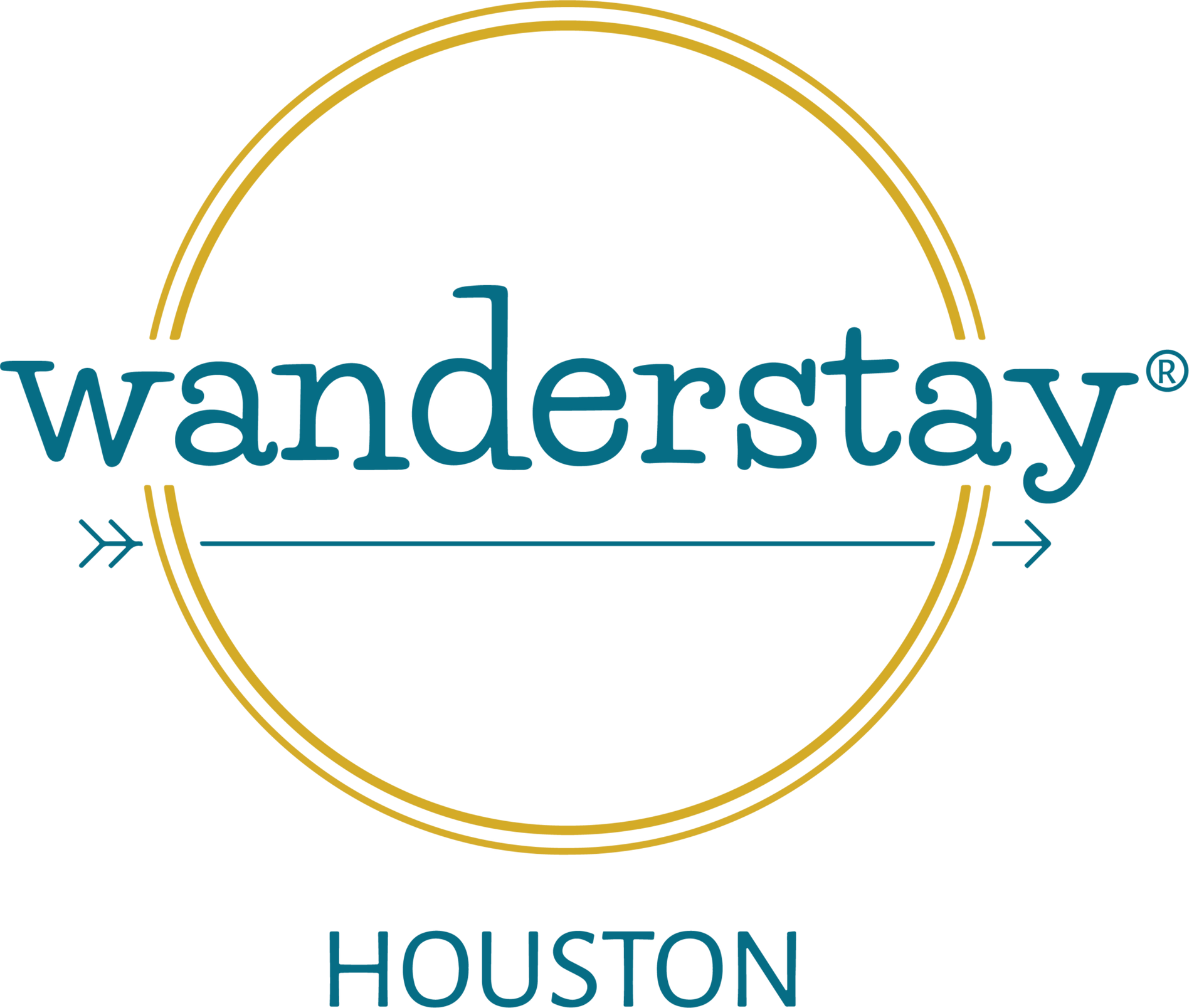 Wanderstay Houston logo: teal wordmark with arrows, gold circle, and 