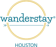 Wanderstay Houston logo: teal wordmark with arrows, gold circle, and