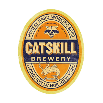 Logo for Catskill Brewery: Oval-shaped with raccoon and fish, orange, blue, and yellow, with