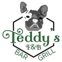 Logo for Teddy's Bar & Grill, featuring a dog's face in a hexagon frame, with green text and the words 