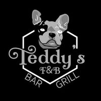 Logo for Teddy's Bar & Grill, featuring a bulldog face inside a white hexagon with the words 
