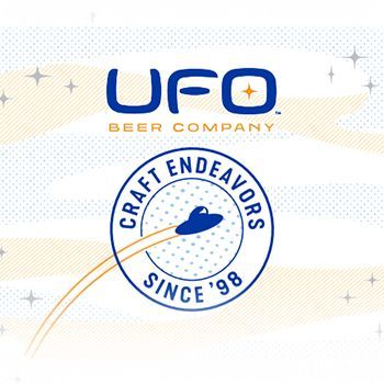 Logo of UFO Beer Company, blue logo with text and spaceship graphic,