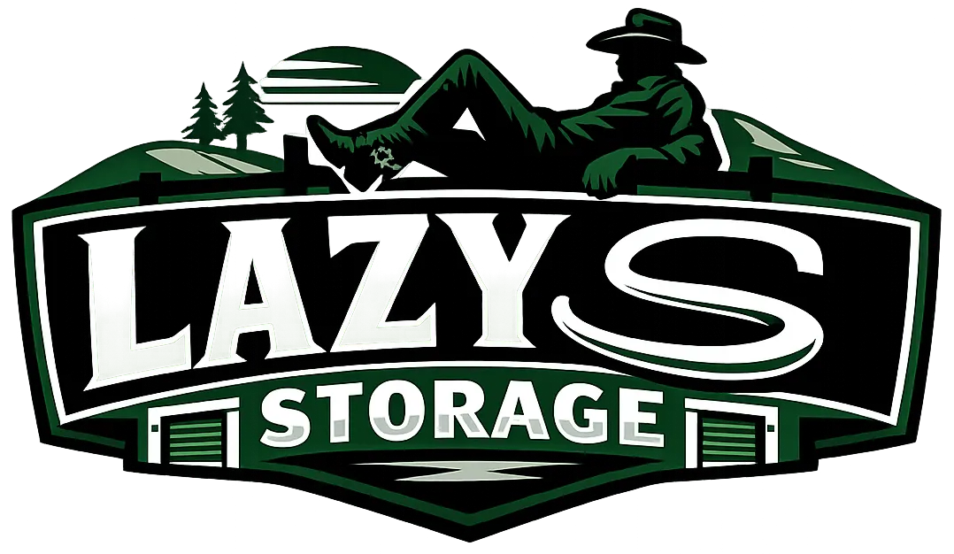 Lazy S Storage logo with green mountains, trees, and a silhouetted person in a hat