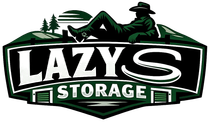 Lazy S Storage logo with green mountains, trees, and a silhouetted person in a hat
