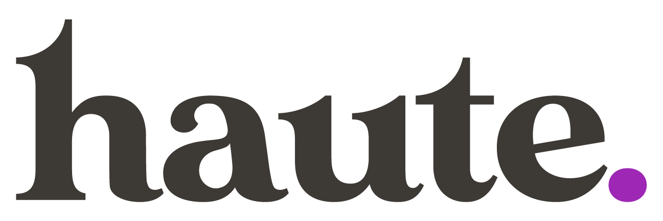The word haute is written in black and purple on a white background.