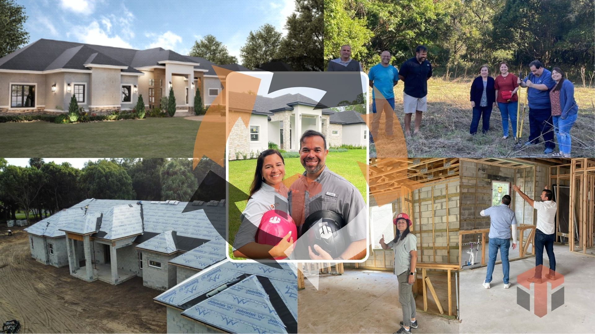 A group of people are standing in front of a house under construction.