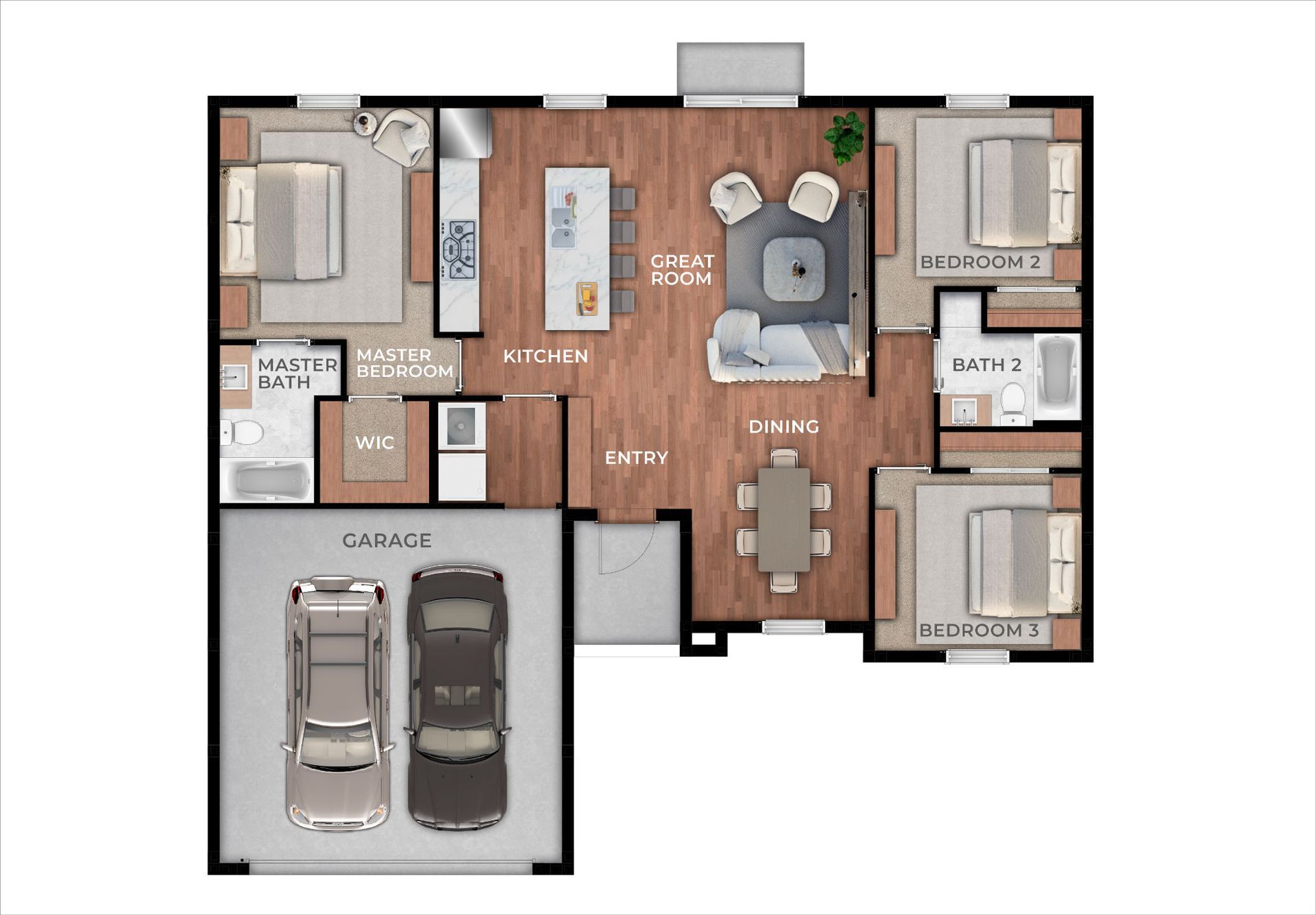 A floor plan of a house with two cars in the garage.