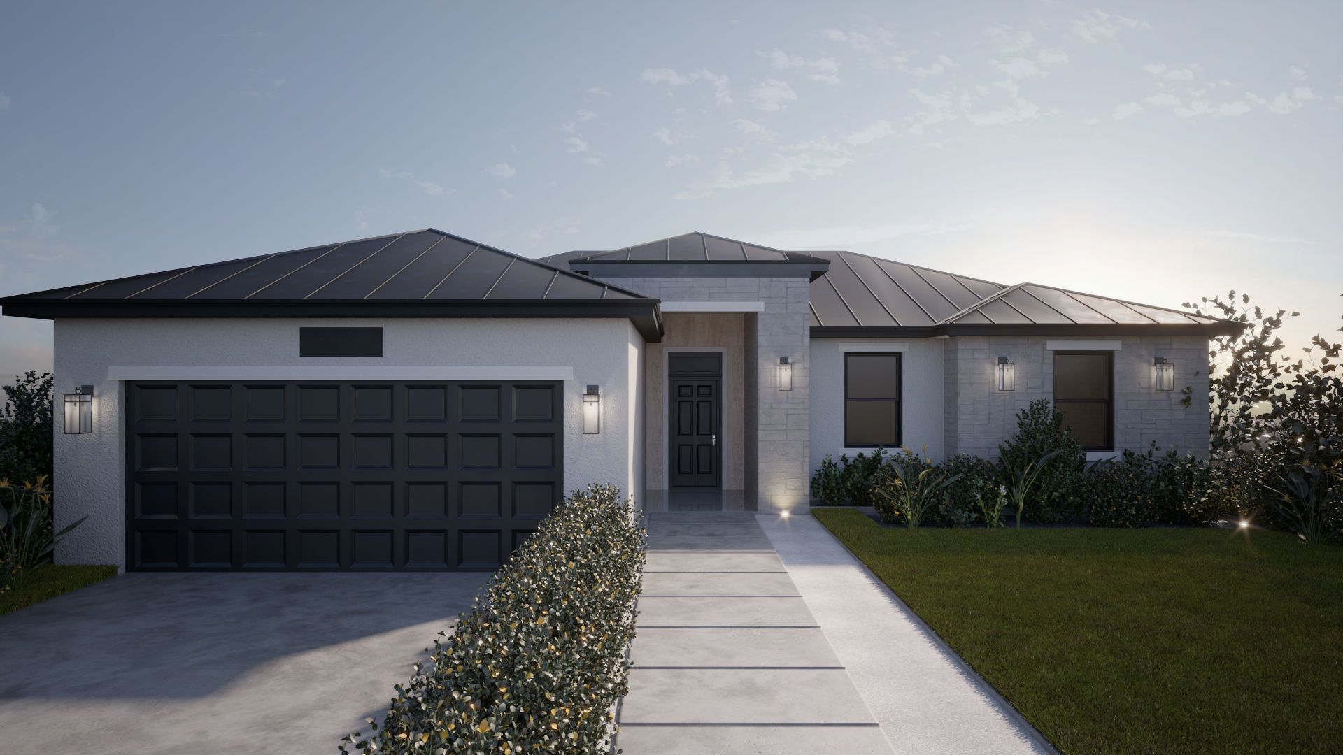 A white house with a black garage door and a black roof.