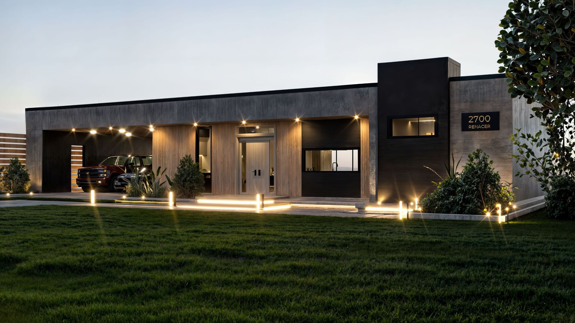 A large house with a lot of windows and a car parked in front of it