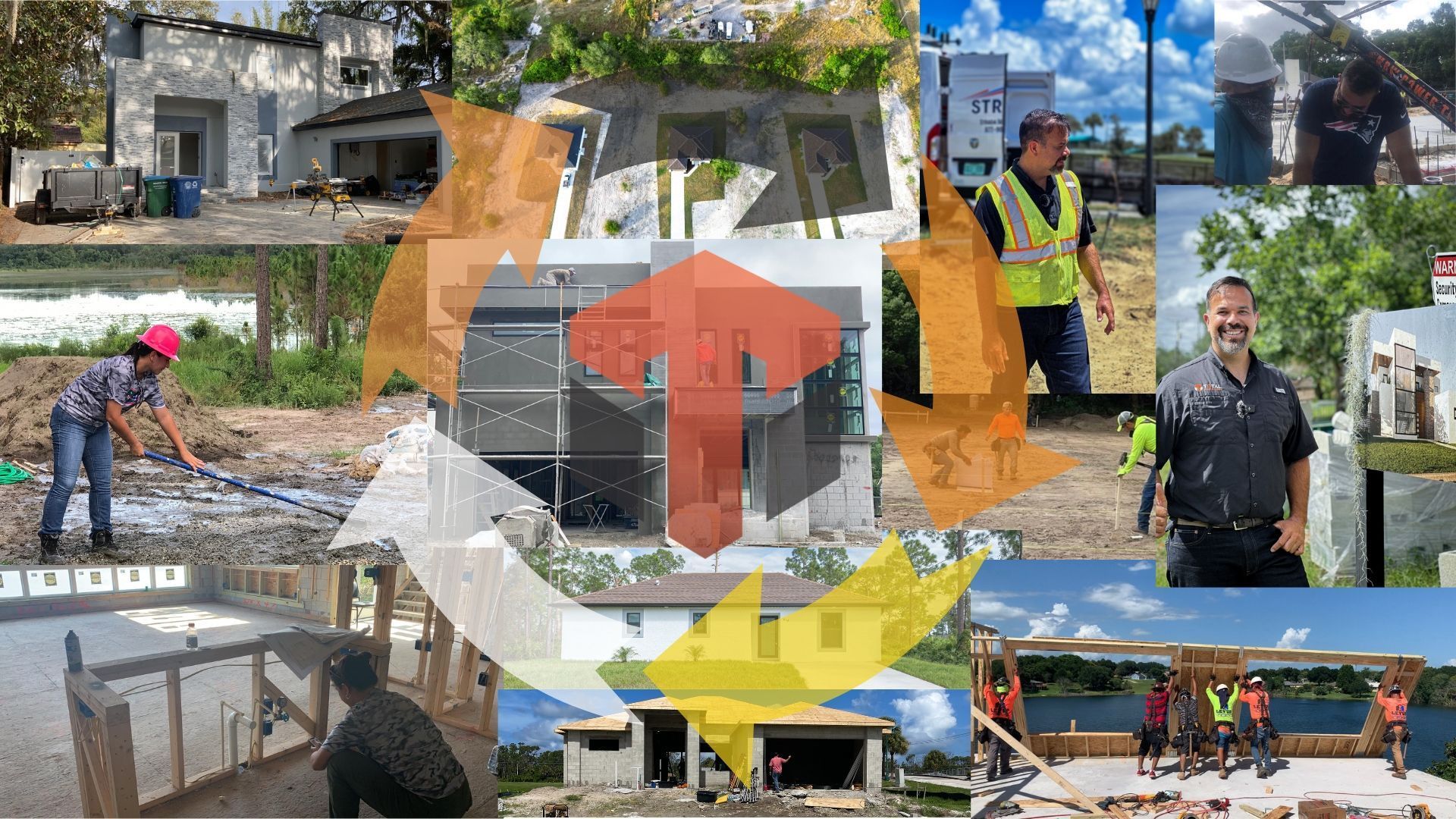 A collage of pictures of construction workers and a house under construction.