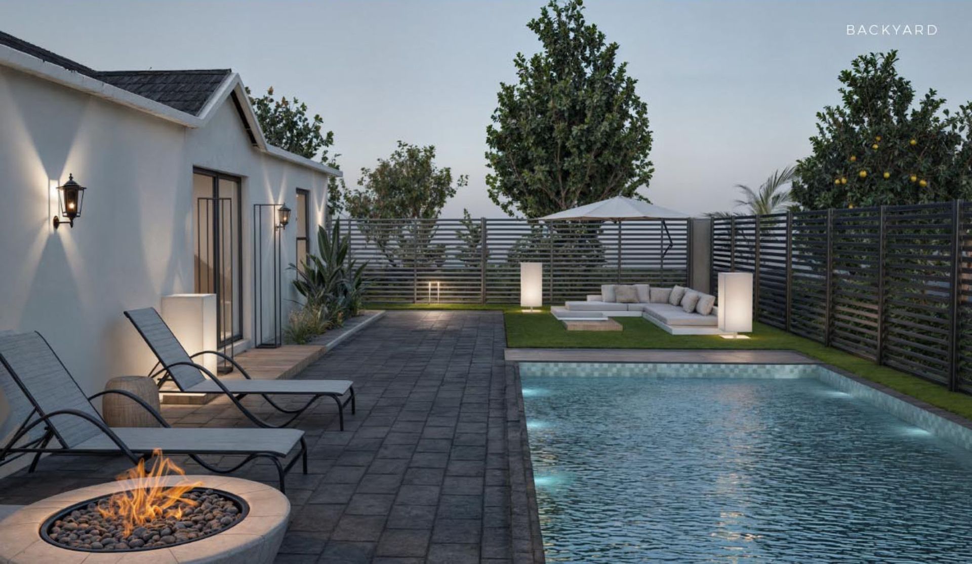 Impresión artística de un patio trasero con piscina y fogata.