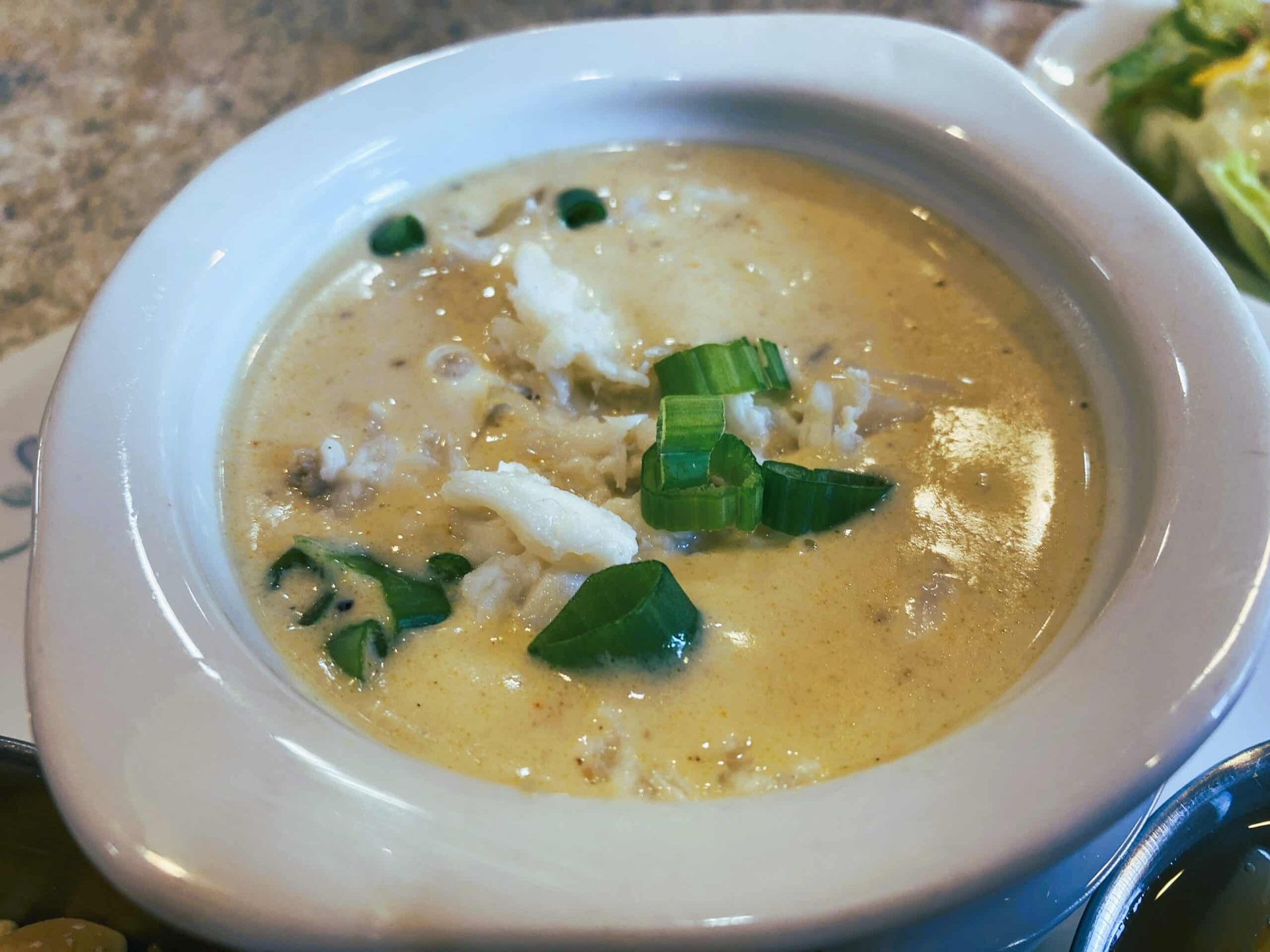Bowl of creamy soup garnished with green onions on a table