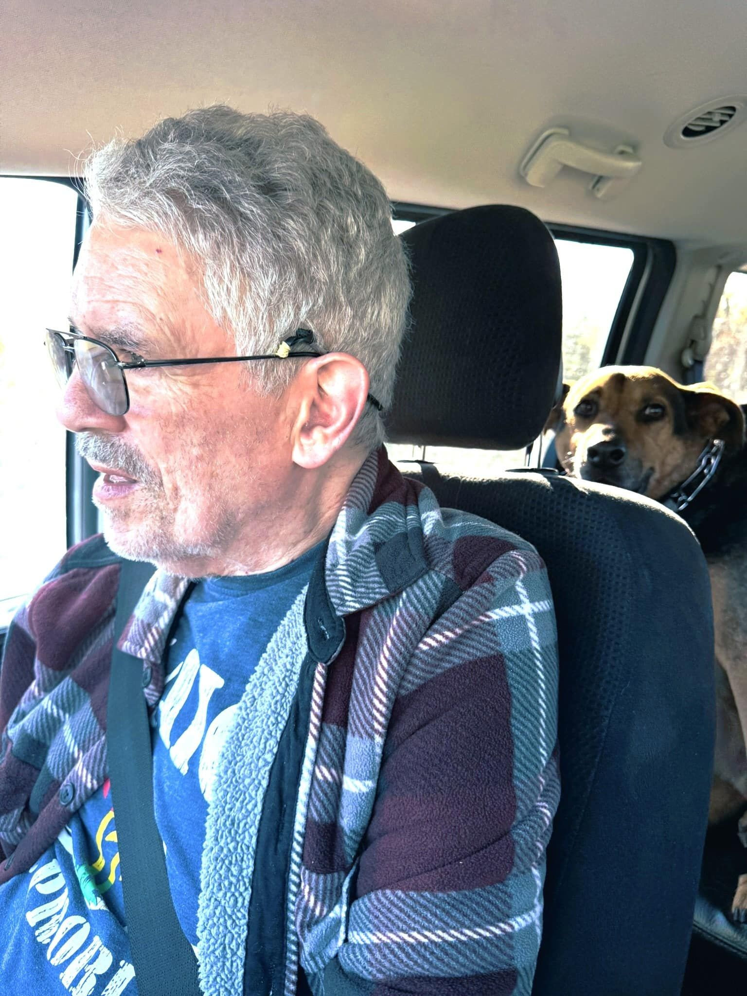 Man driving a car with a dog sitting in the back seat, both looking out the windows.