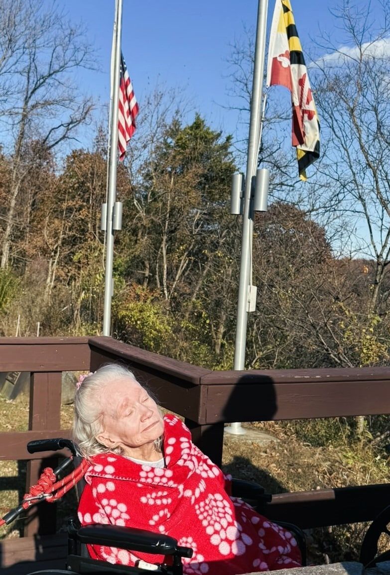 Elderly woman in a red patterned jacket resting on a bench beside two flags under a blue sky