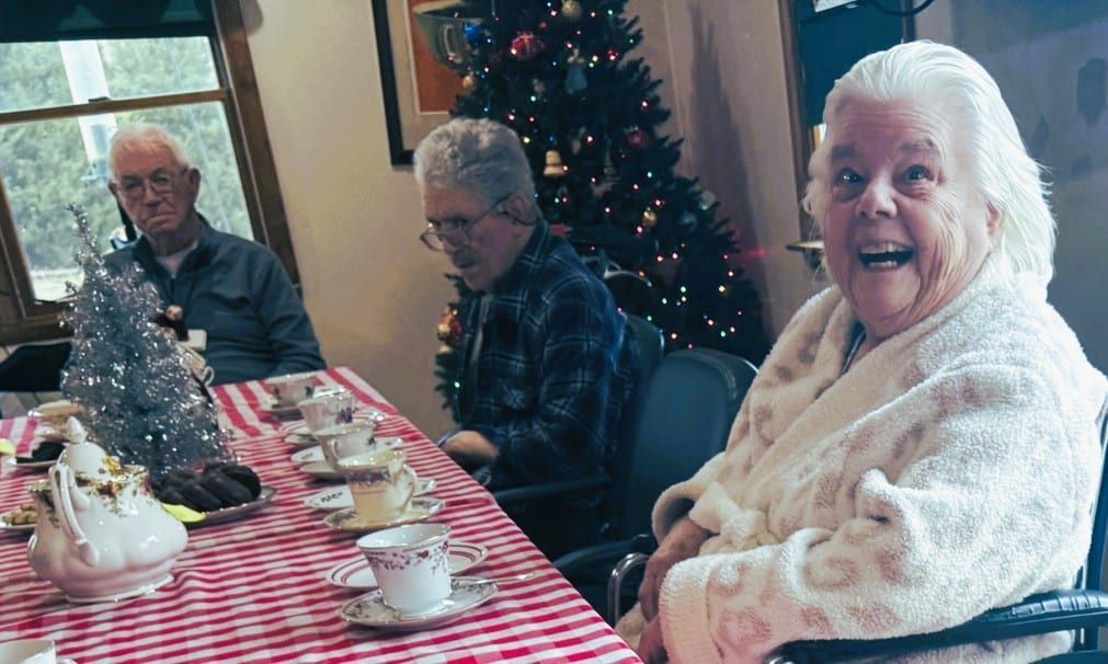 Three people seated at a festive table with red-and-white checkered cloth, teacups, and a decorated Christmas tree nearby