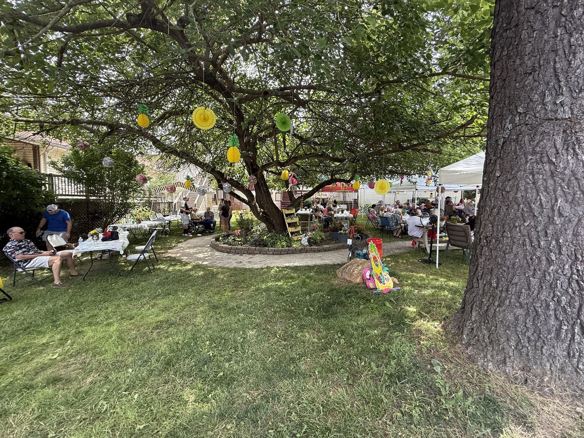 Outdoor gathering in a shaded park with tables, white tents, and colorful decorations under large trees