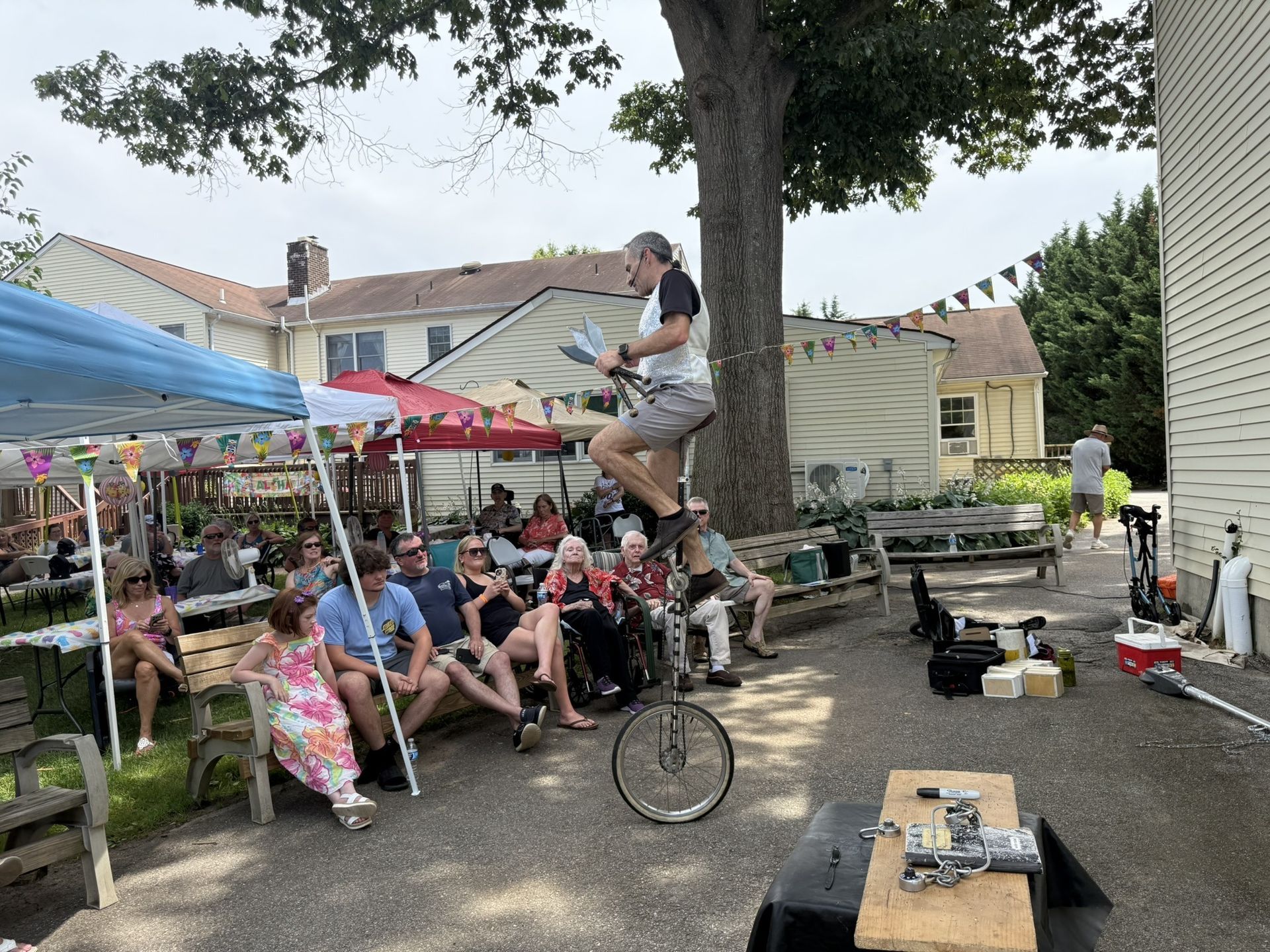 Juggler riding a unicycle under a tree in front of seated spectators at an outdoor market