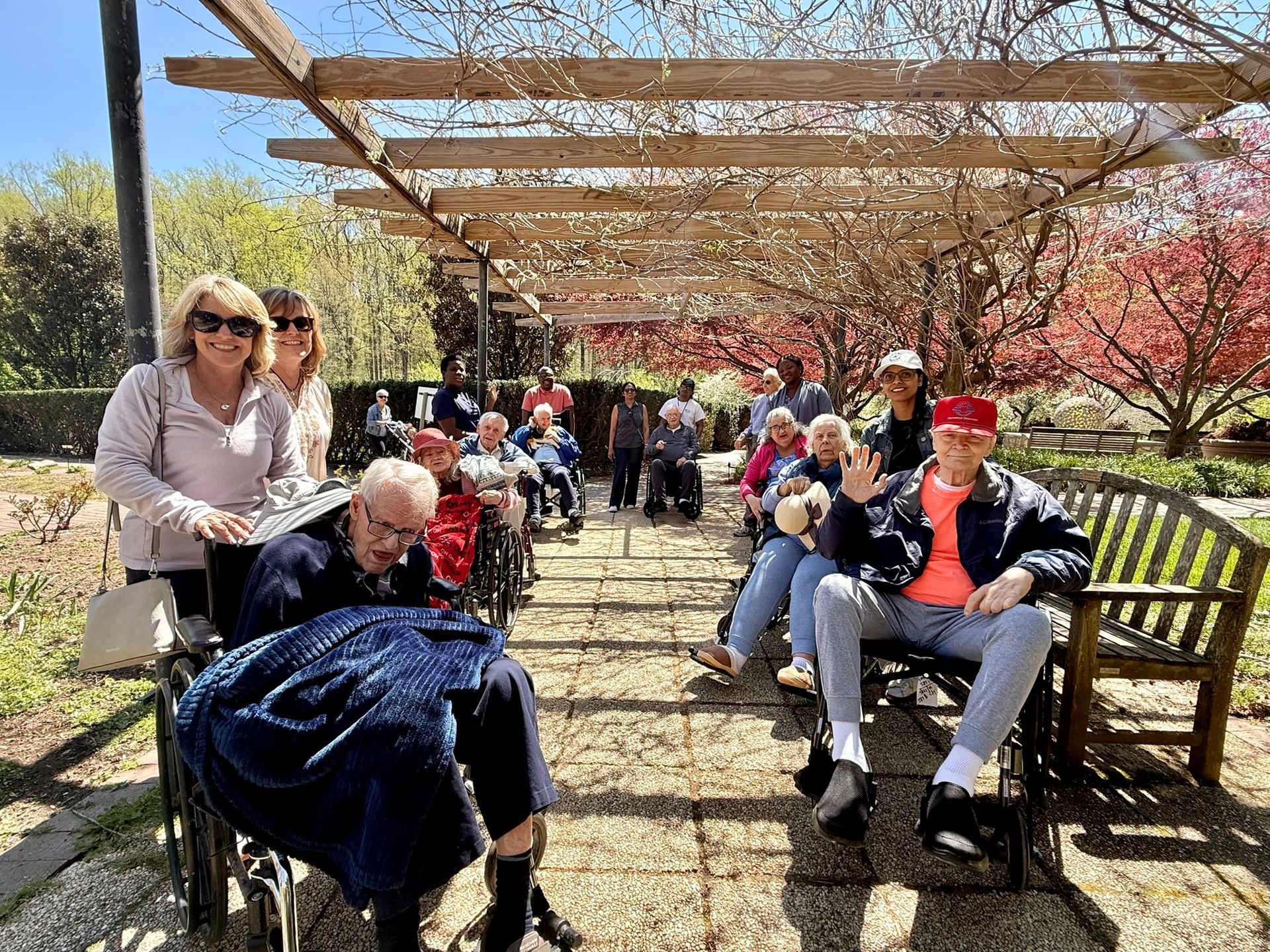 People seated along a garden pergola, enjoying a sunny outdoor gathering with benches and blooming trees.