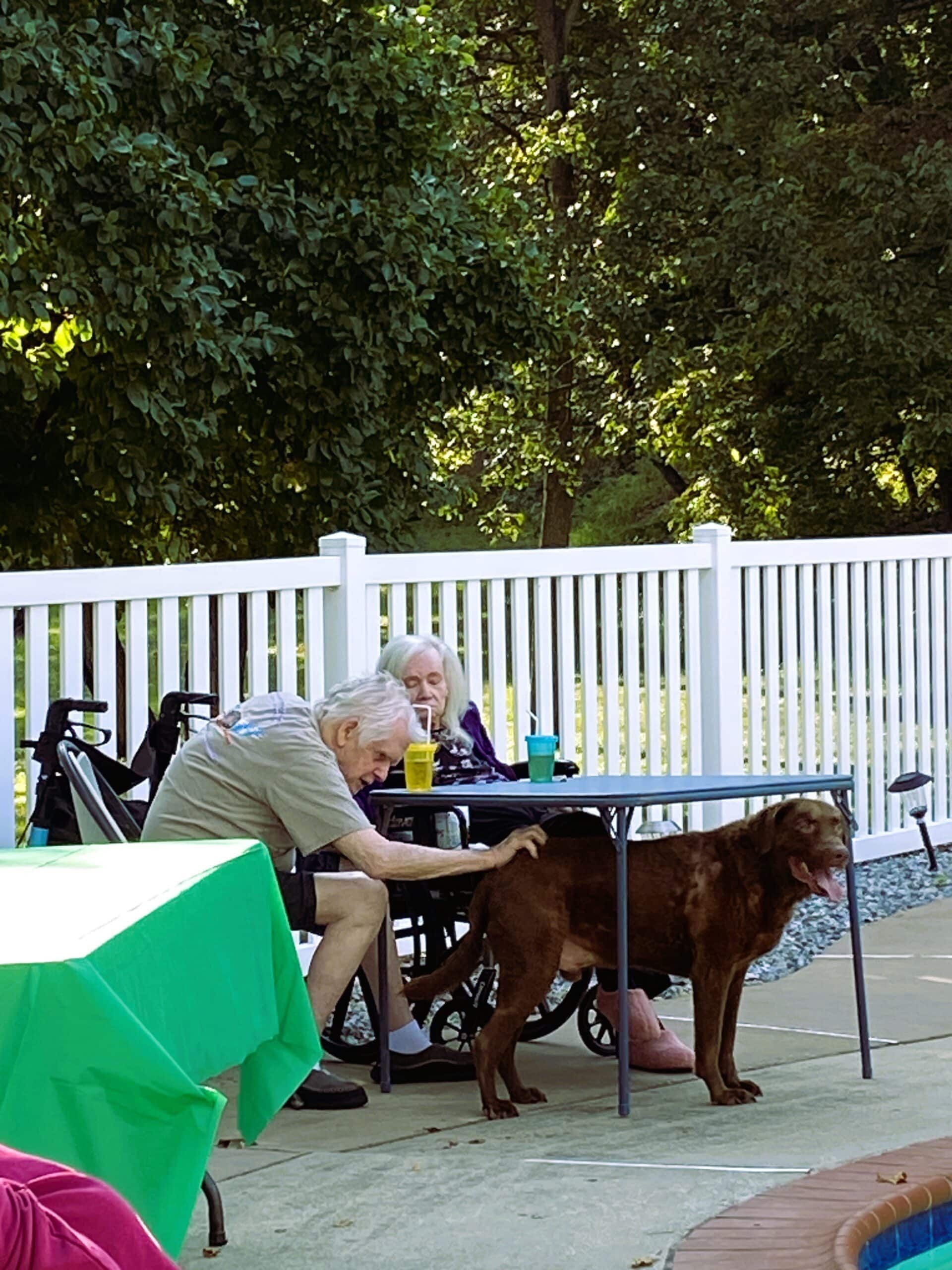 People seated at a patio table pet a brown dog beside a white fence outdoors
