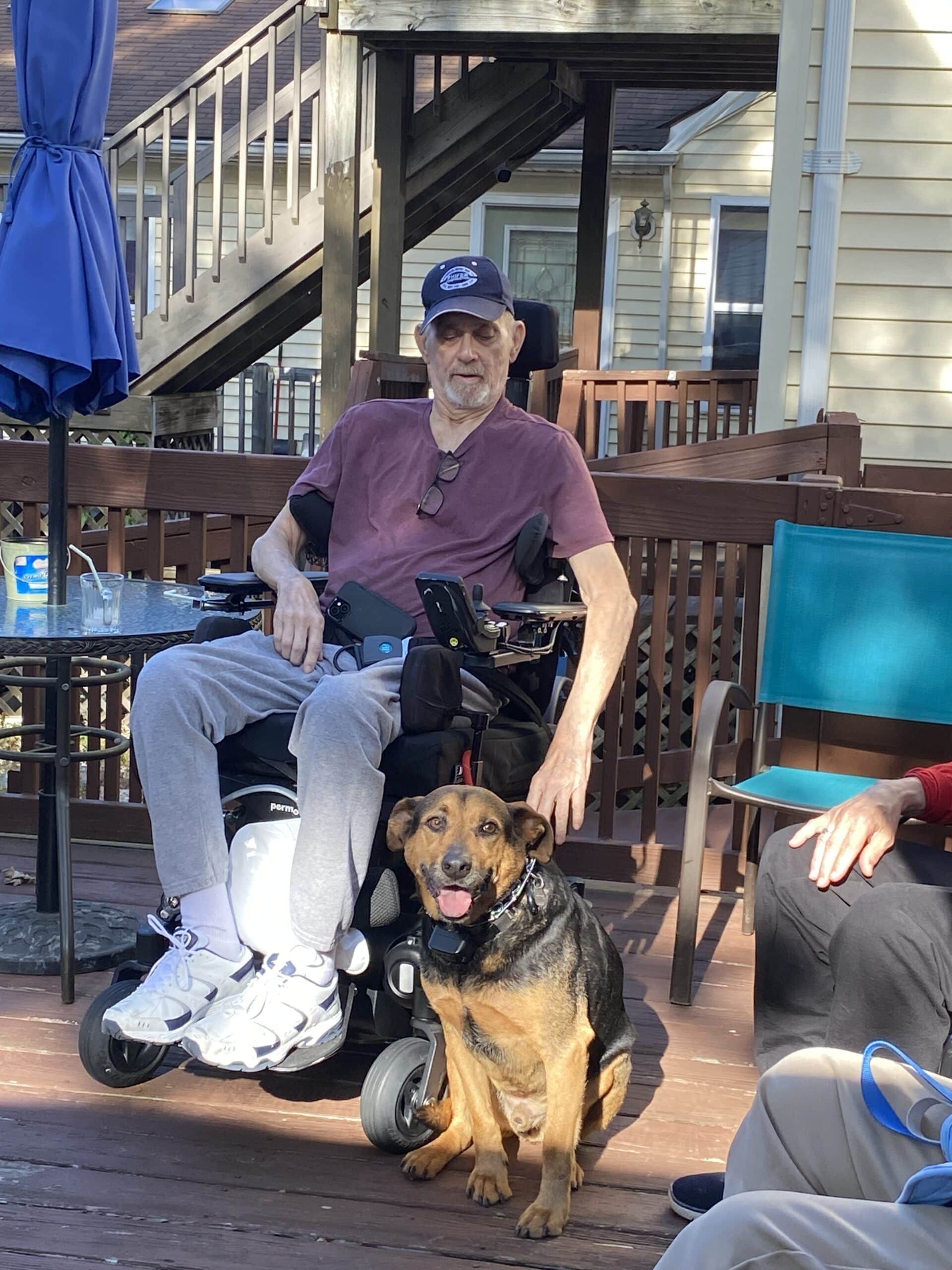 Person seated outdoors with a service dog wearing a harness on a patio