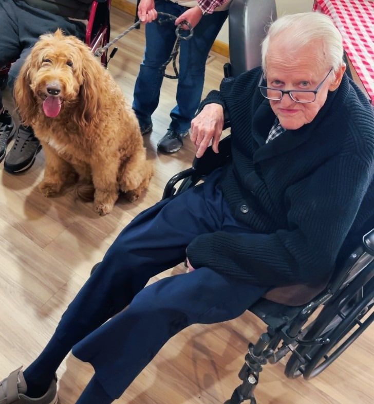Older man in a wheelchair with a brown dog beside him indoors