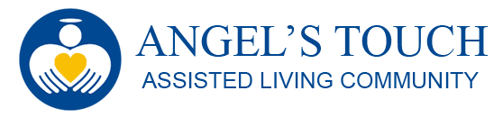 Angel’s Touch Assisted Living Community logo with blue text and a yellow heart in a blue circle