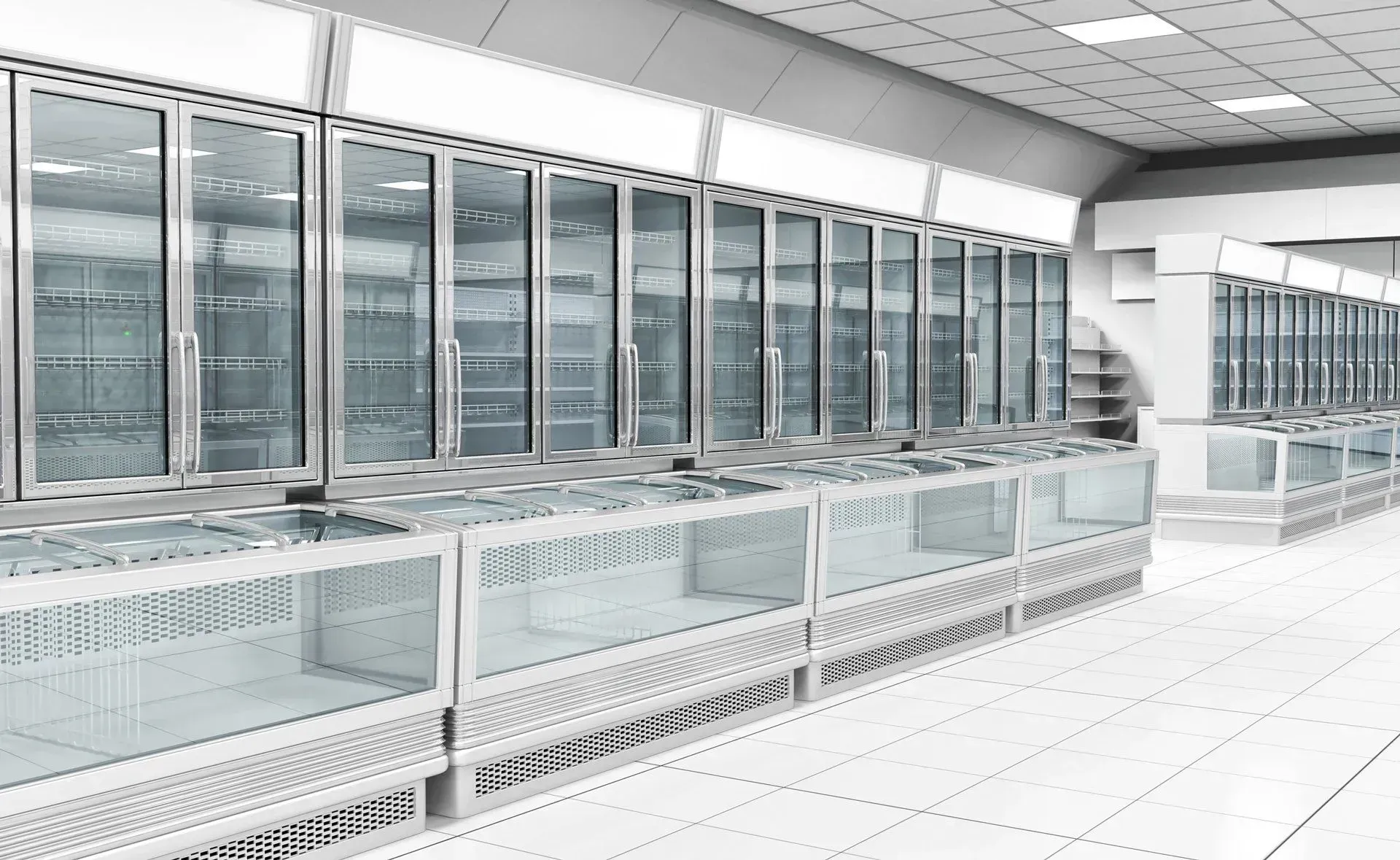 A row of empty refrigerators in a supermarket.