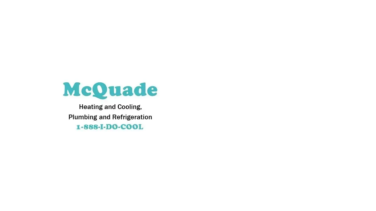 A blue and white logo for a company called mcquade heating and cooling. A blue and white logo for a company called mcquade heating and cooling.