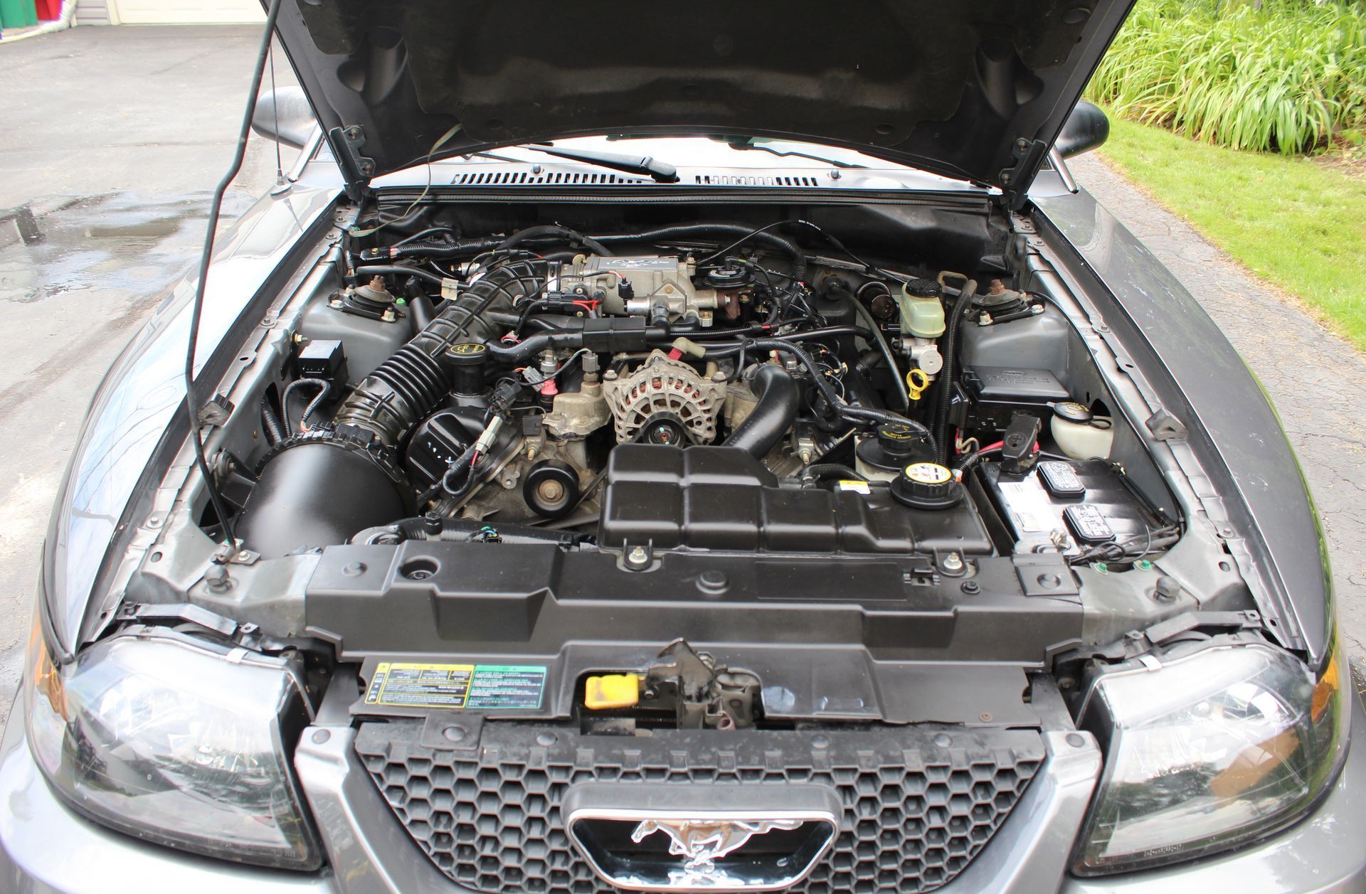 The engine of a ford mustang with the hood open