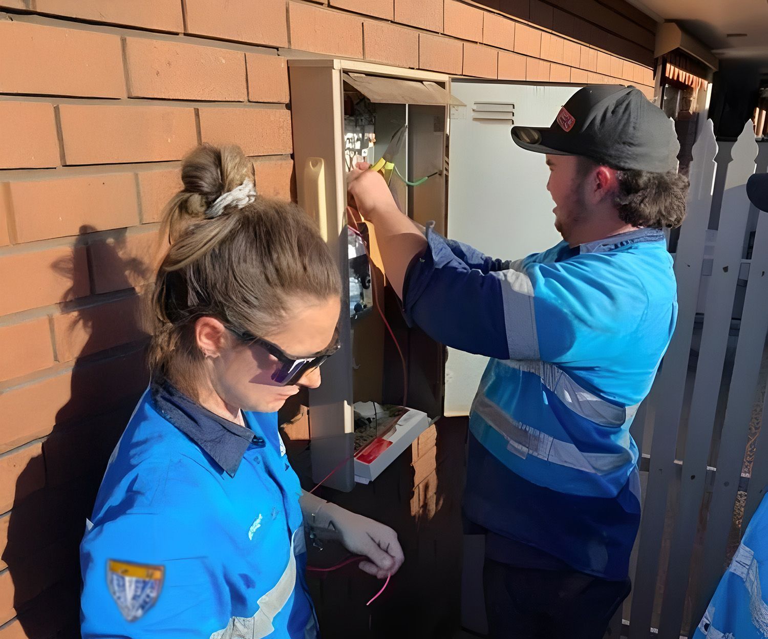 Electrician Repairing Outdoor Electrical Meter On Brick Wall