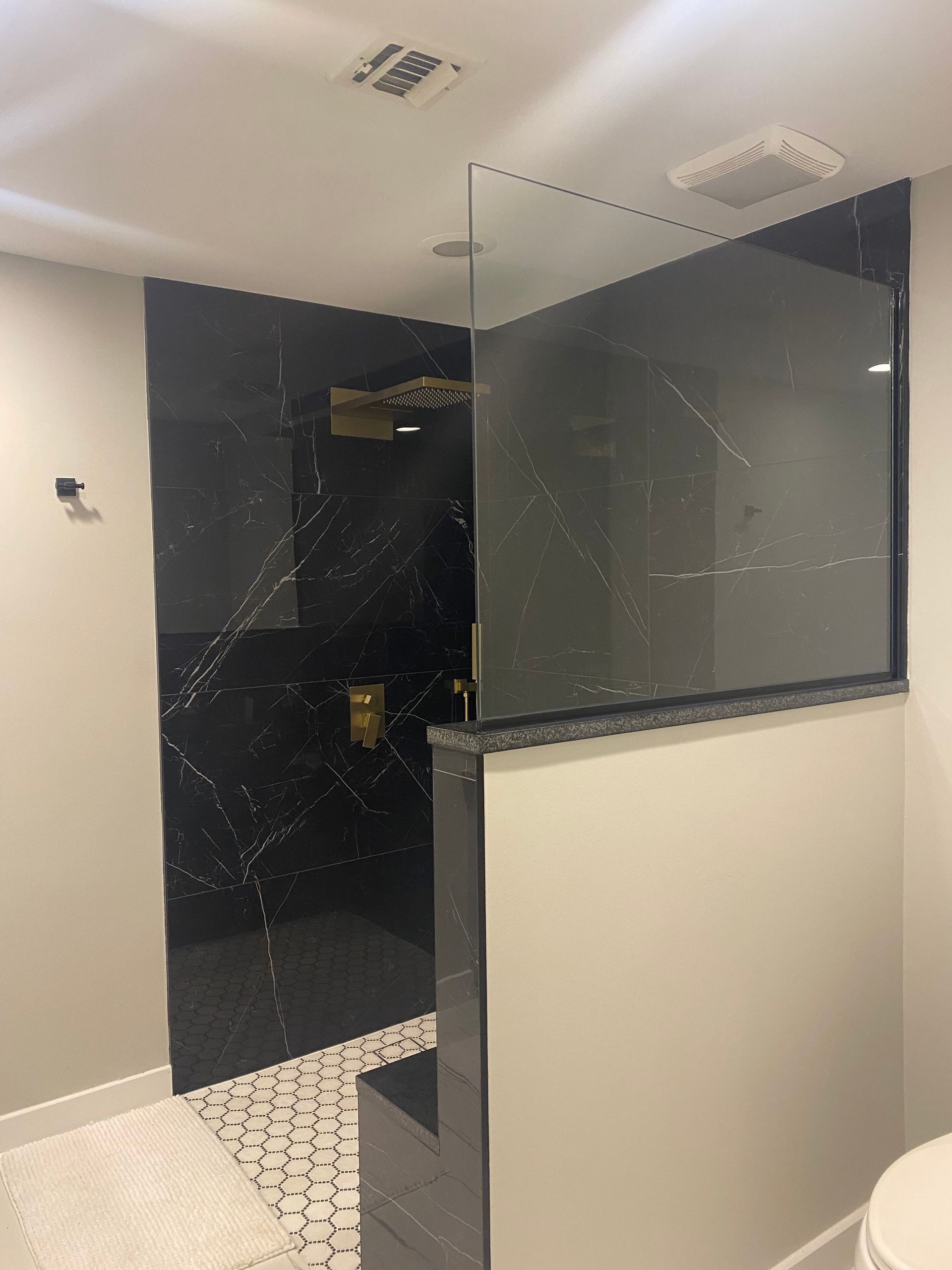 A bathroom with a walk in shower and a toilet.