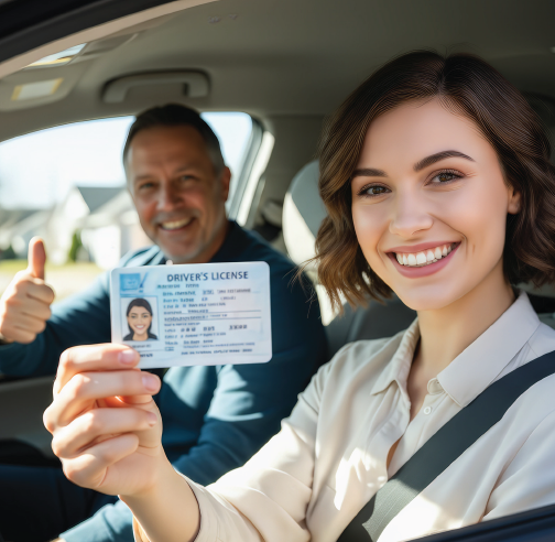 Woman in car holding driver's license, smiling. Man in background gives thumbs up.