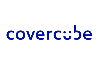 Covercube logo: Blue text with a smiling face incorporated into the