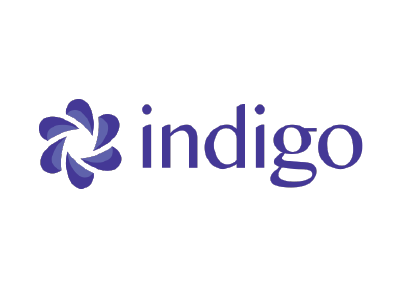 Indigo logo: blue stylized flower with the word