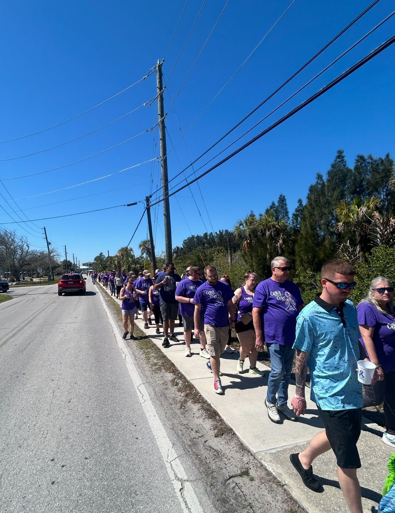 People in purple shirts walking on a sidewalk next to a road on a sunny day.