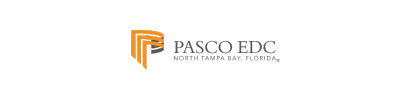 Pasco EDC logo with a stylized building in orange and black with text "Pasco EDC North Tampa Bay, Florida".