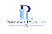 Parkman-Lyles Law logo in blue with columns and scales of justice