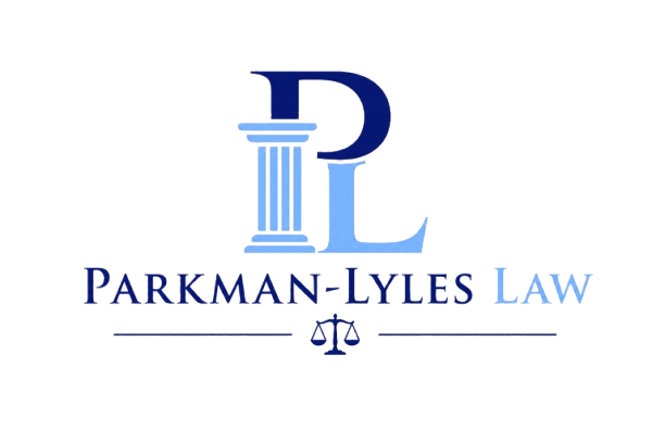 Parkman-Lyles Law logo in blue with columns and scales of justice