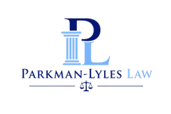 Parkman-Lyles Law logo in blue with columns and scales of justice