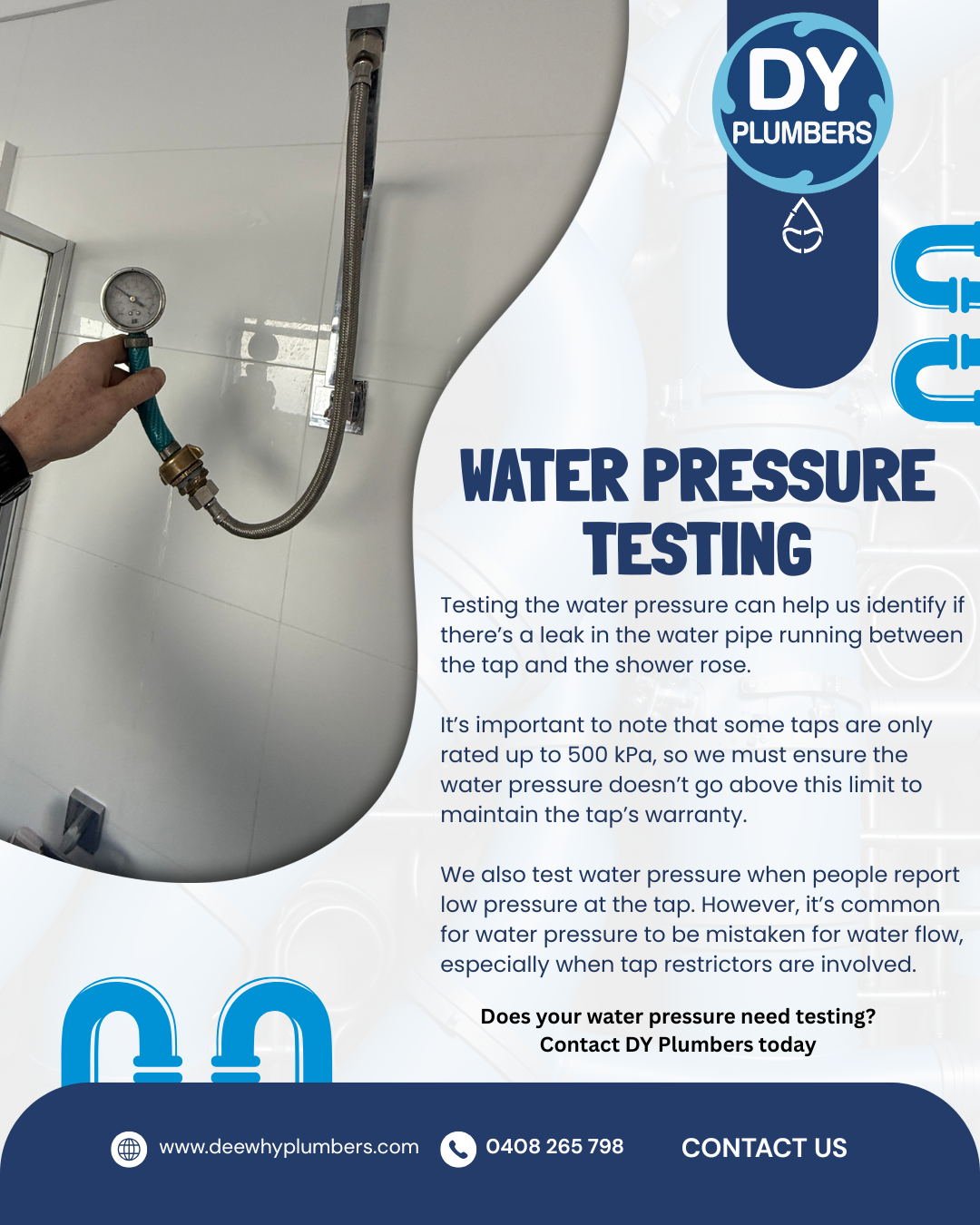 Testing the water pressure in your shower can help us identify if there's a leak in the water pipe.