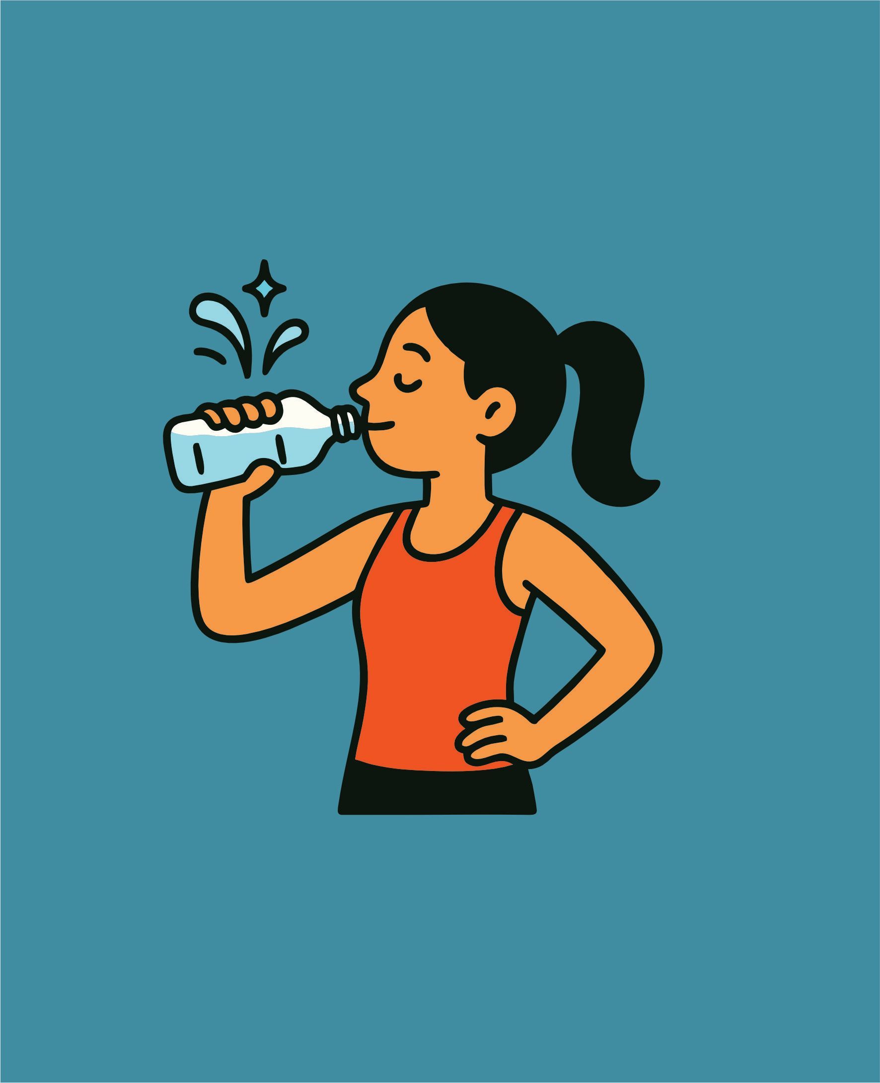 Mujer bebiendo agua de una botella; parte superior naranja, fondo azul.